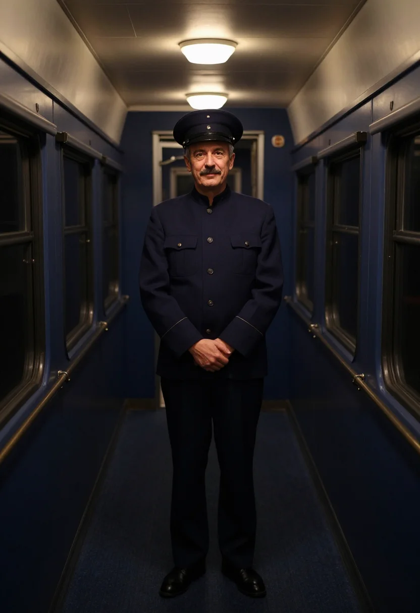 AI train conductor navy cap sample — portrait of a man, framed chest-up, the camera at eye level