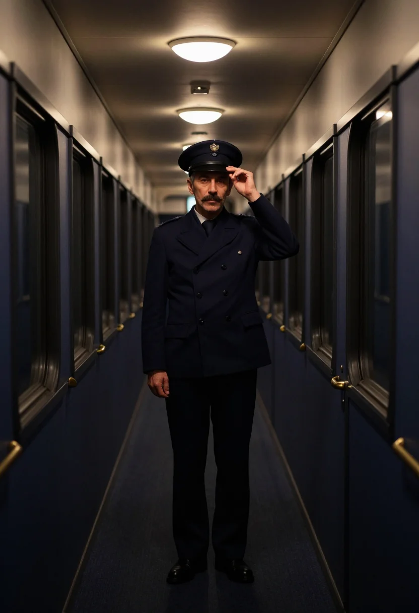 AI train conductor navy cap sample — portrait of a man, framed wide from the end of the corridor,