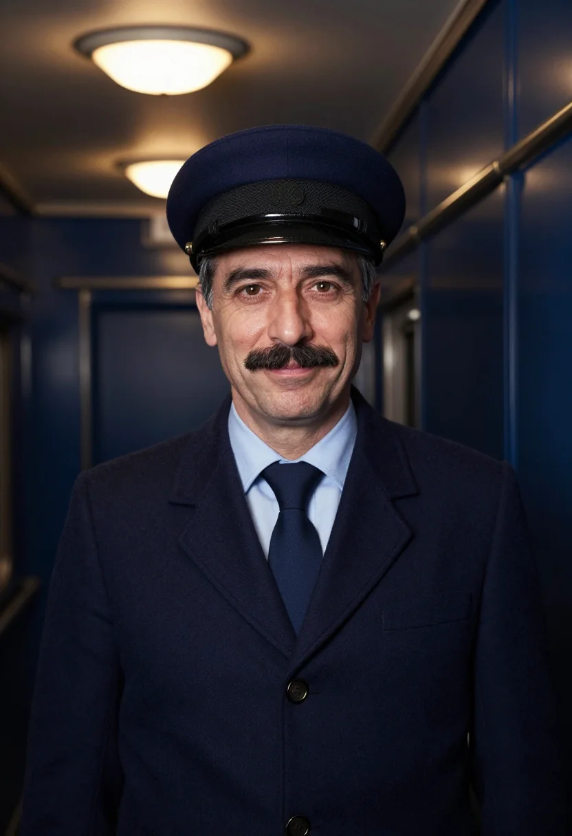 AI train conductor navy cap sample — portrait of a man, framed chest-up, the camera at eye level