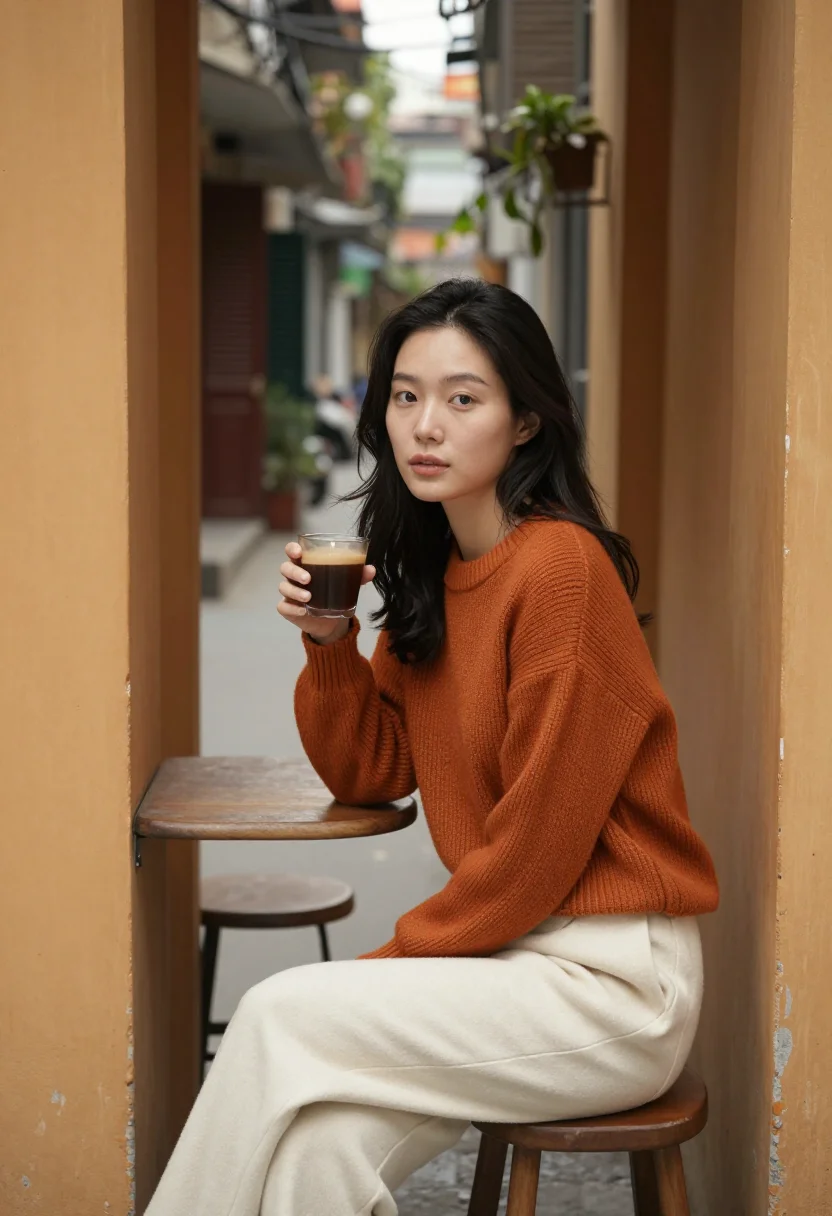 AI train street hanoi ochre sample — portrait of a woman, framed chest-up, cropped at the ribs, t