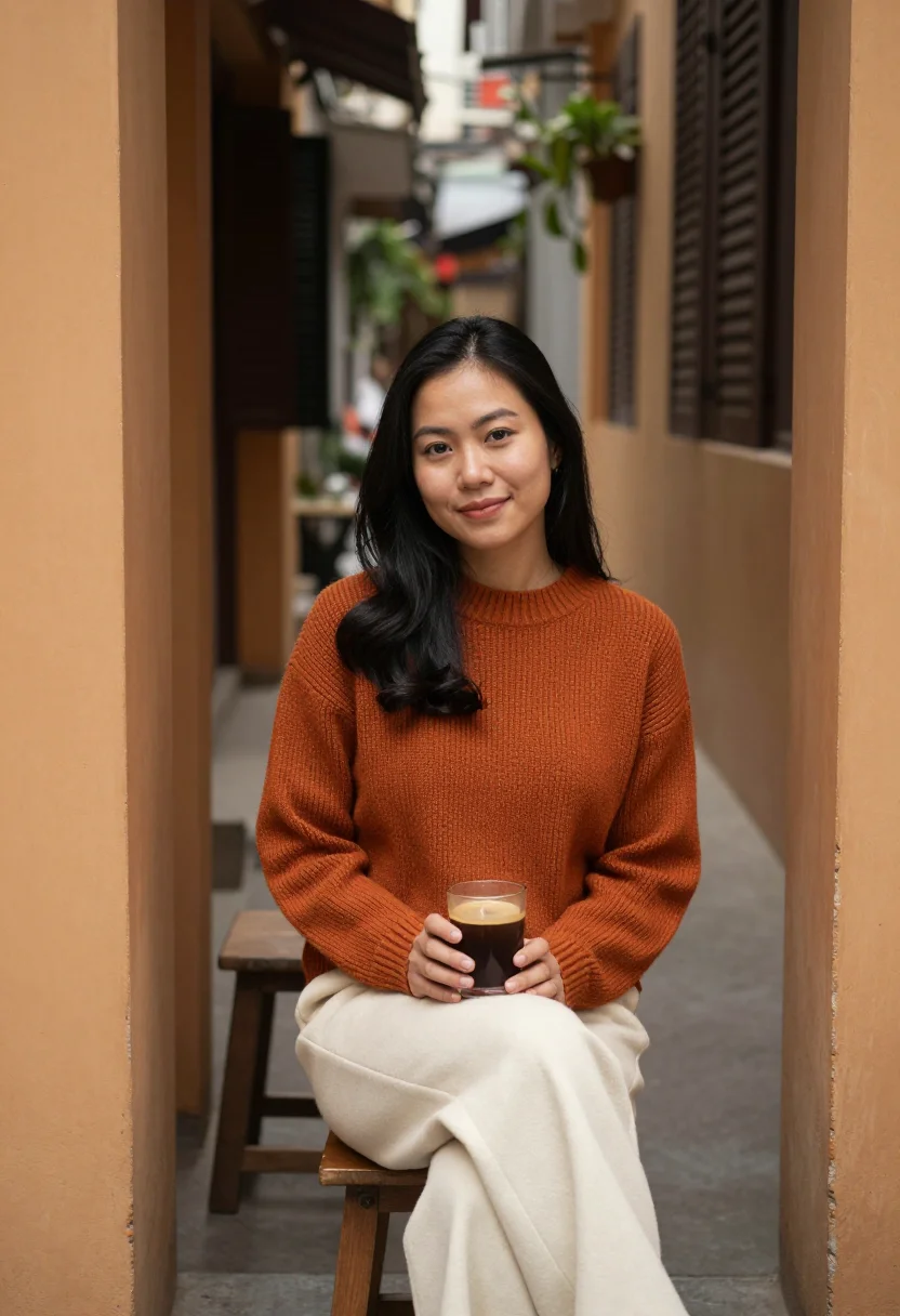 AI train street hanoi ochre sample — portrait of a woman, framed tight, head and shoulders, the b