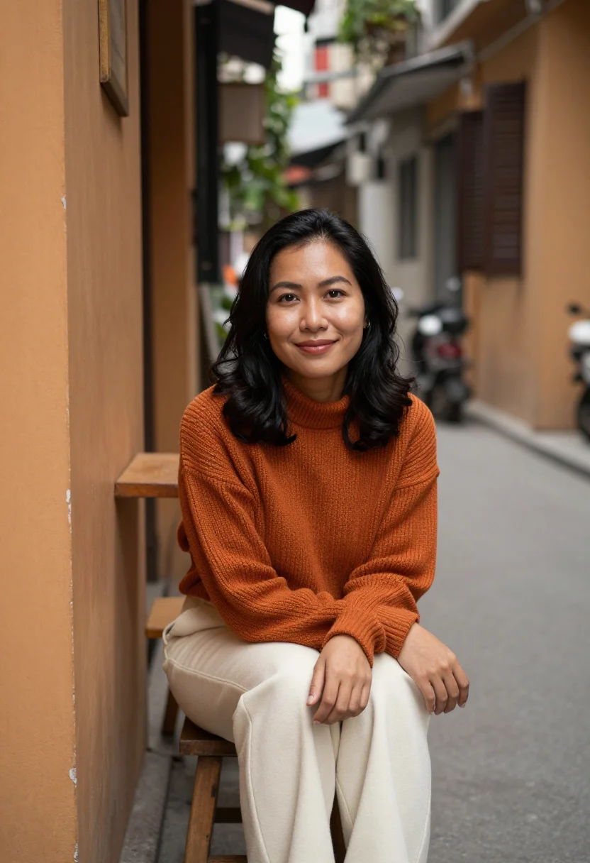 AI train street hanoi ochre sample — portrait of a woman, framed three-quarter length from the he