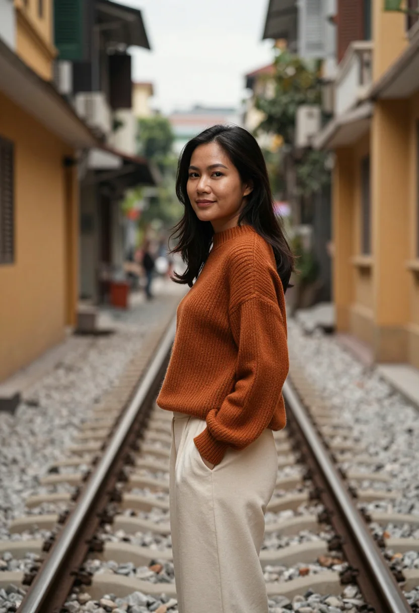 AI train street hanoi ochre sample — portrait of a woman, framed half-length from the head to the