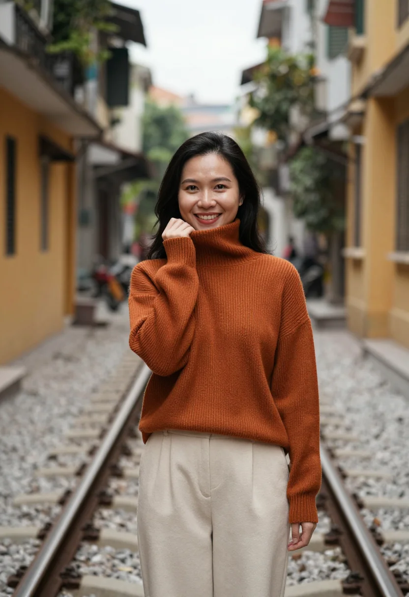 AI train street hanoi ochre sample — portrait of a woman, framed chest-up, cropped at the ribs, t
