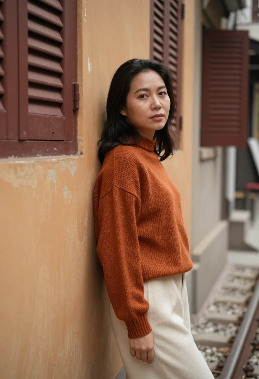 AI train street hanoi ochre sample — portrait of a woman, framed chest-up, cropped at the ribs, t