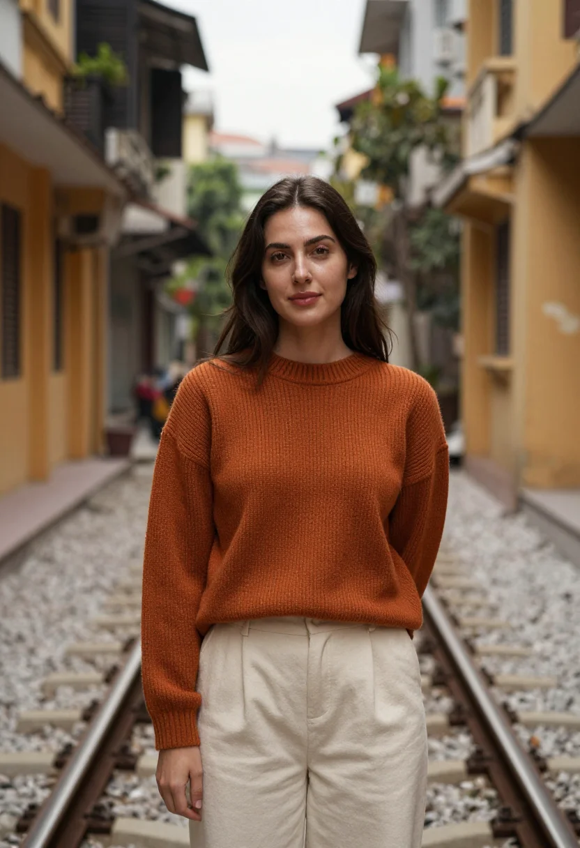 AI train street hanoi ochre sample — portrait of a woman, framed tight, head and shoulders, the b