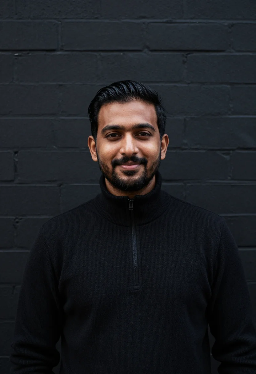 AI trainer frost black sample — portrait of a man, chest-up portrait of a South-Asian man in