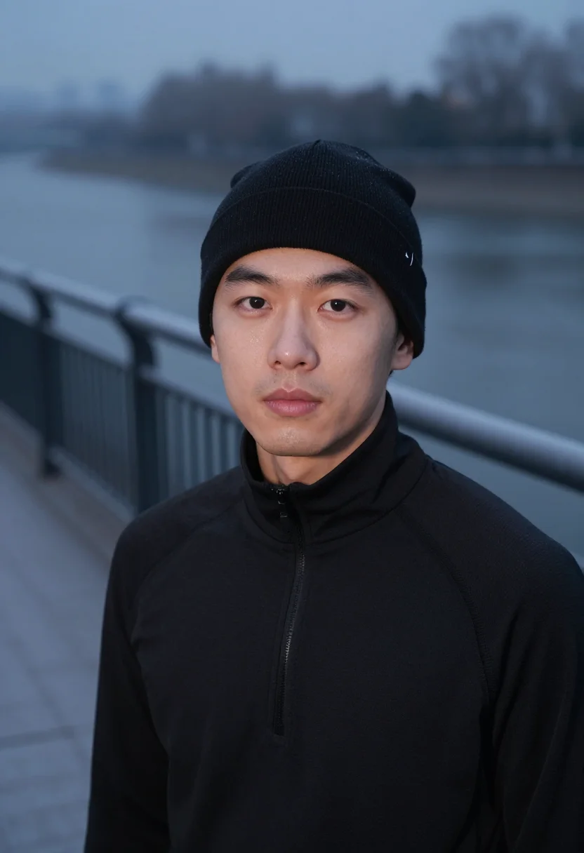 AI trainer frost black sample — portrait of a man, tight headshot of an East-Asian man in hi
