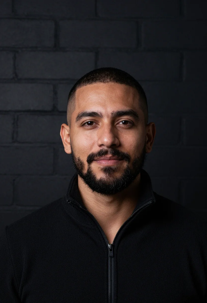 AI trainer frost black sample — portrait of a man, head-and-shoulders portrait of a Latin-Am