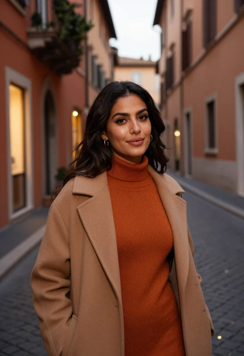 AI trastevere ochre evening sample — portrait of a woman, framed tight, head and shoulders, the b