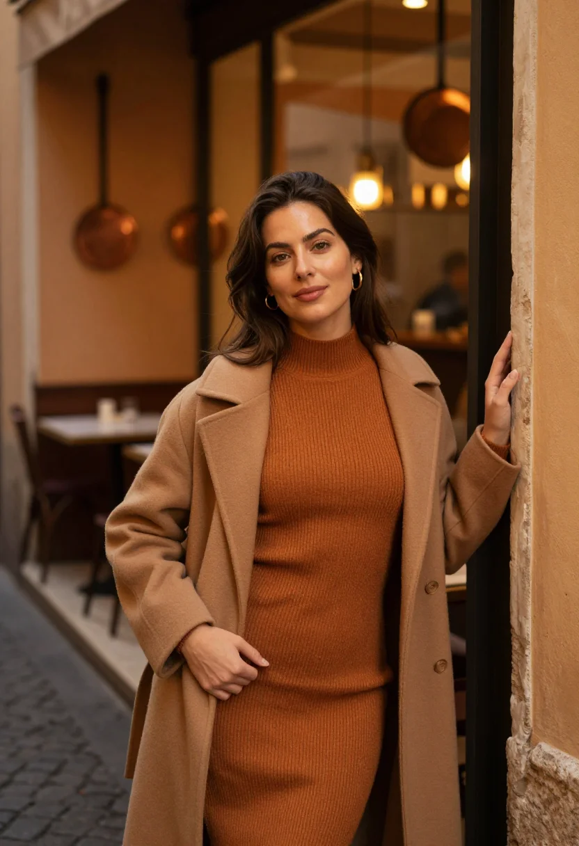AI trastevere ochre evening sample — portrait of a woman, framed from the waist up, the camera at