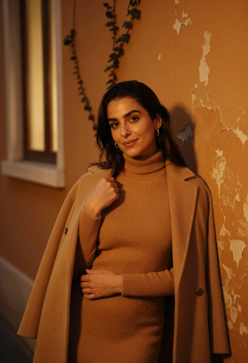 AI trastevere ochre evening sample — portrait of a woman, framed from the waist up, the camera at