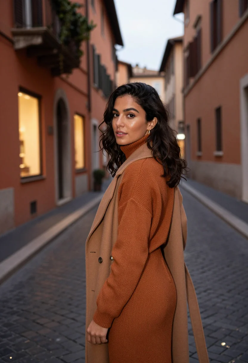 AI trastevere ochre evening sample — portrait of a woman, framed chest-up, the crop at the breast
