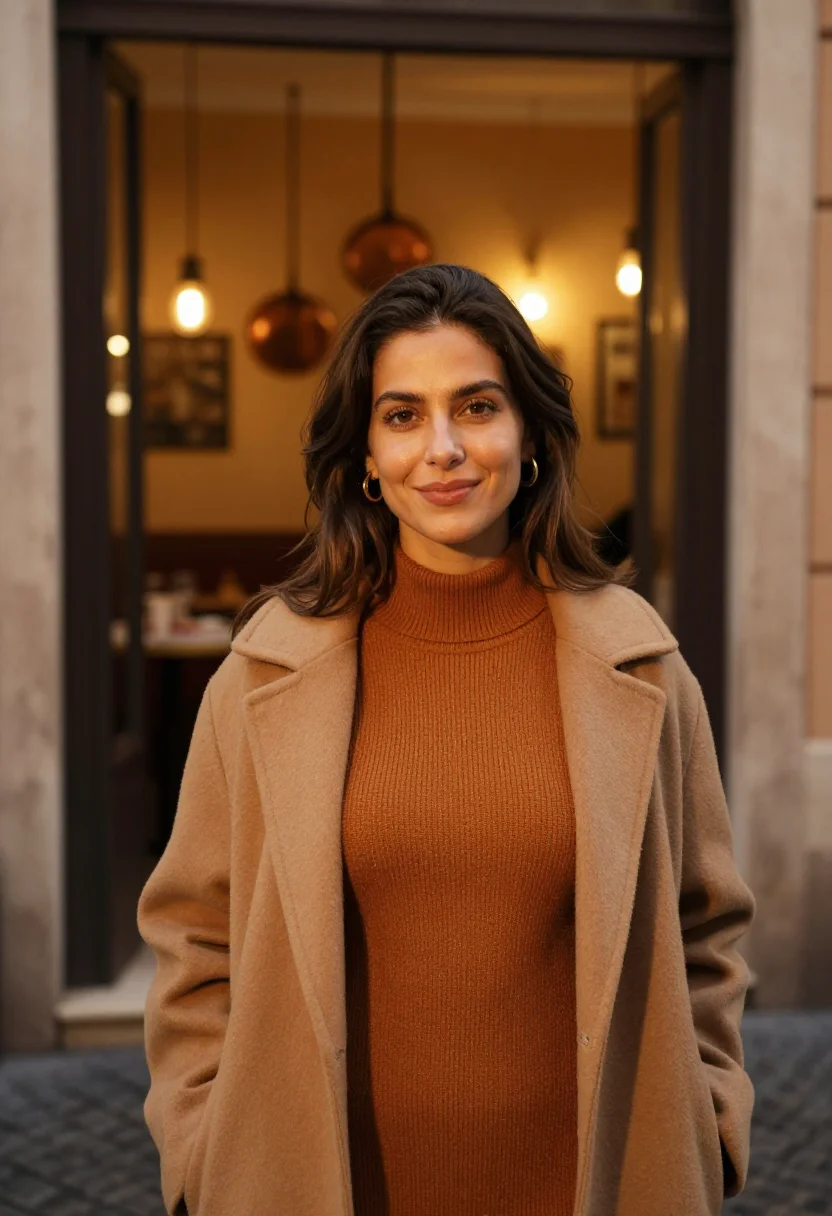AI trastevere ochre evening sample — portrait of a woman, framed tight, head and shoulders, the b