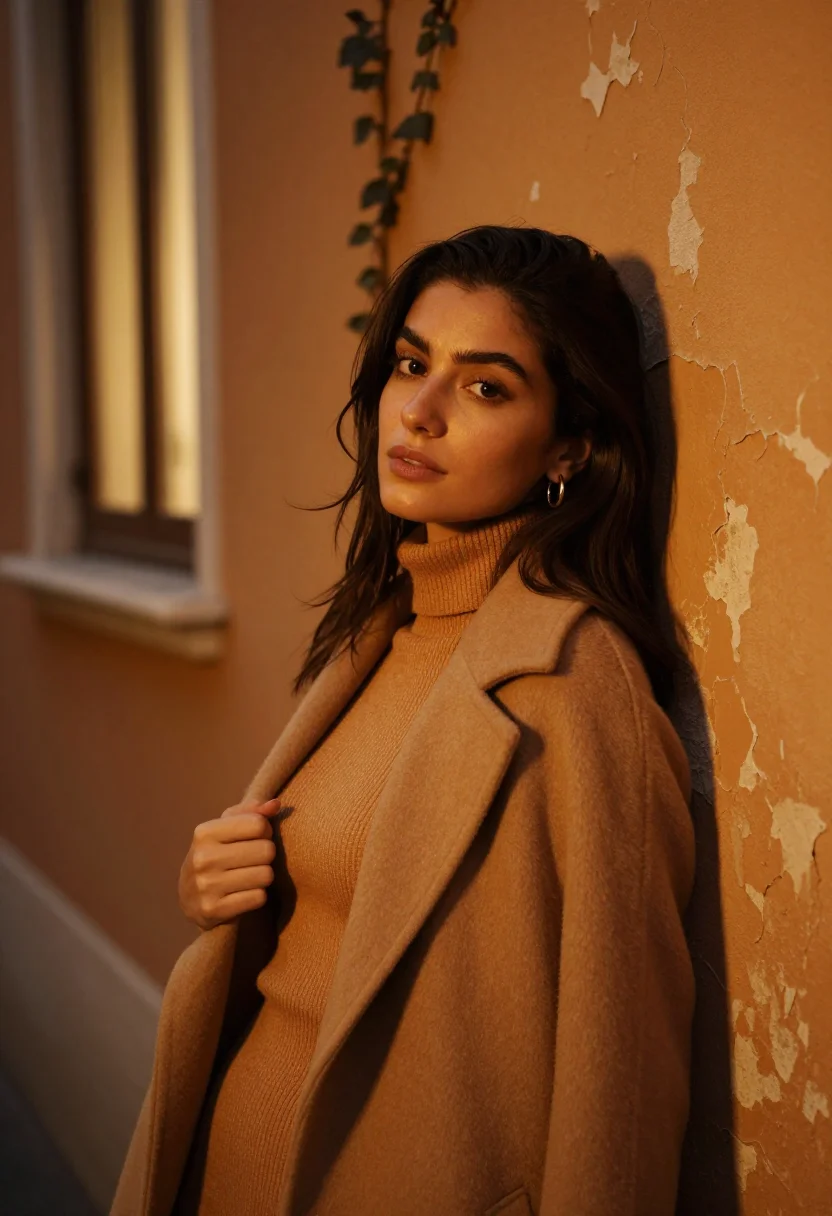 AI trastevere ochre evening sample — portrait of a woman, framed chest-up, the crop at the breast