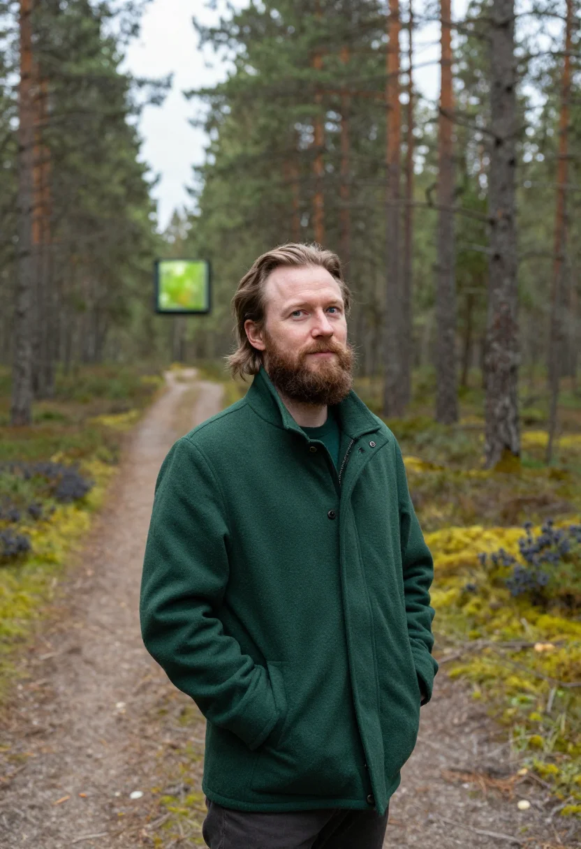 AI treehotel harads mirrorcube pine sample — portrait of a man, a hotel guest in his forties of Swedish d