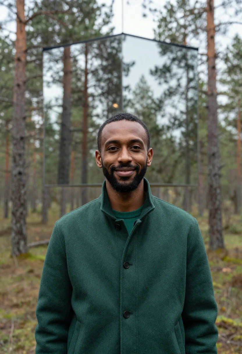 AI treehotel harads mirrorcube pine sample — portrait of a man, a hotel guest in his thirties of Ethiopia