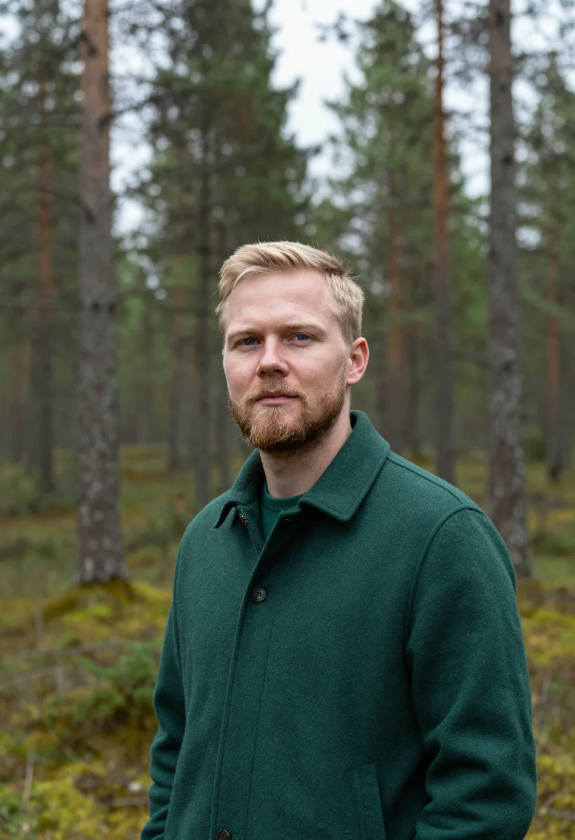 AI treehotel harads mirrorcube pine sample — portrait of a man, a hotel guest in his thirties of Swedish