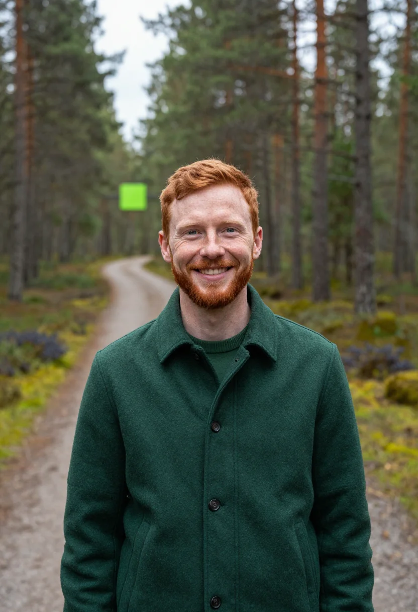 AI treehotel harads mirrorcube pine sample — portrait of a man, a hotel guest in his late twenties of Iri