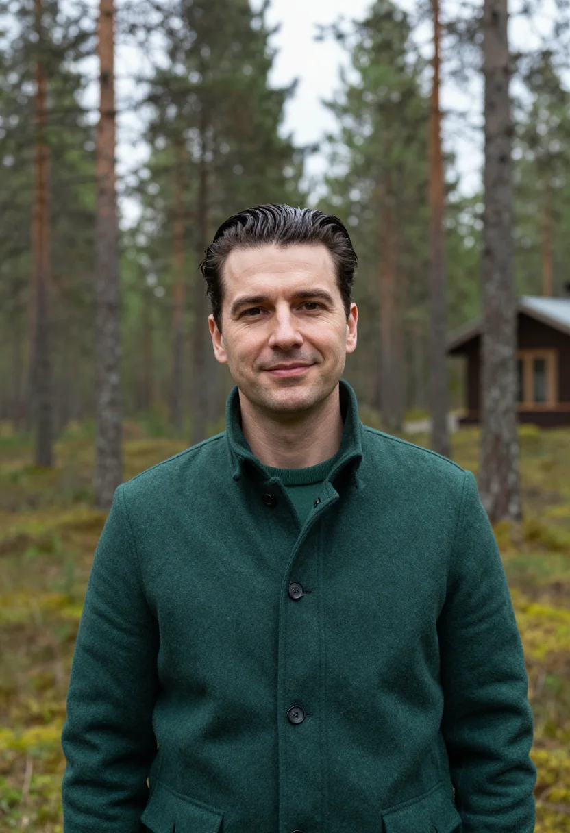AI treehotel harads mirrorcube pine sample — portrait of a man, a hotel guest in his forties of Sami desc