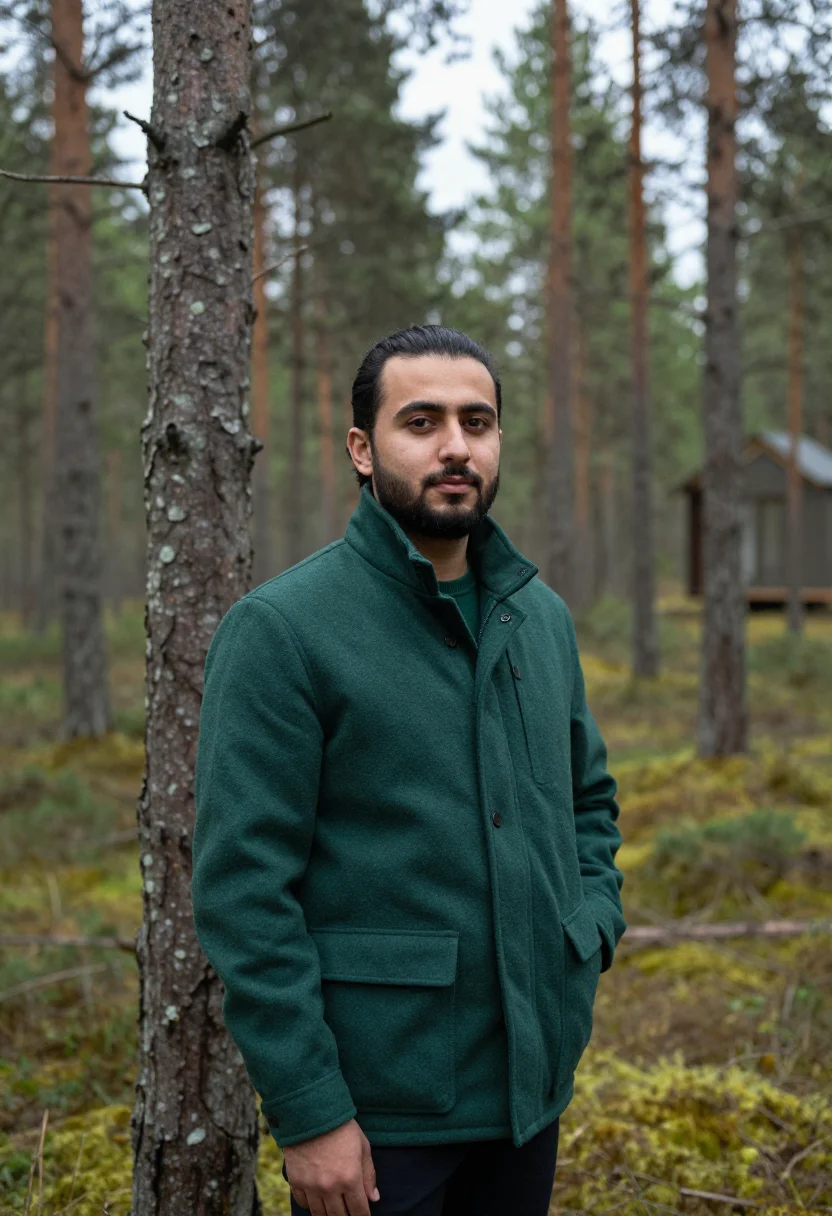 AI treehotel harads mirrorcube pine sample — portrait of a man, a hotel guest in his thirties of Iranian-