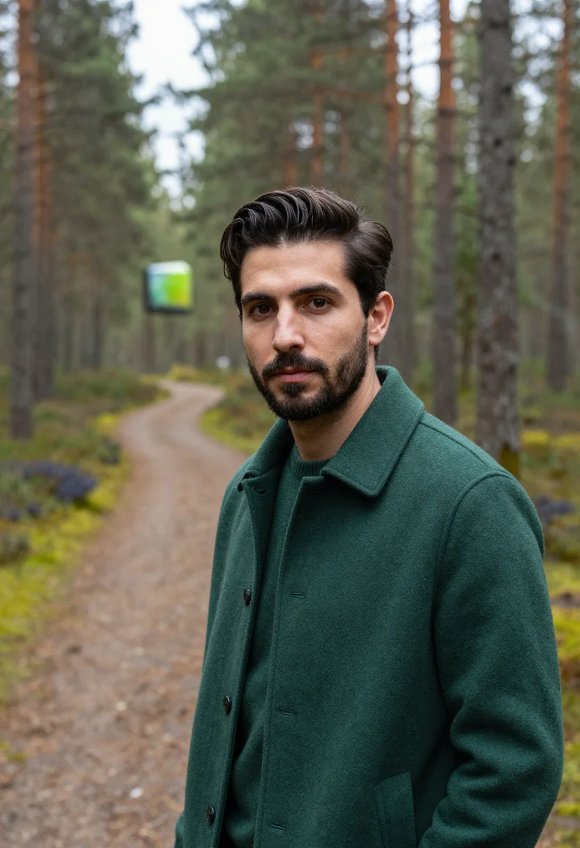AI treehotel harads mirrorcube pine sample — portrait of a man, a hotel guest in his thirties of Spanish