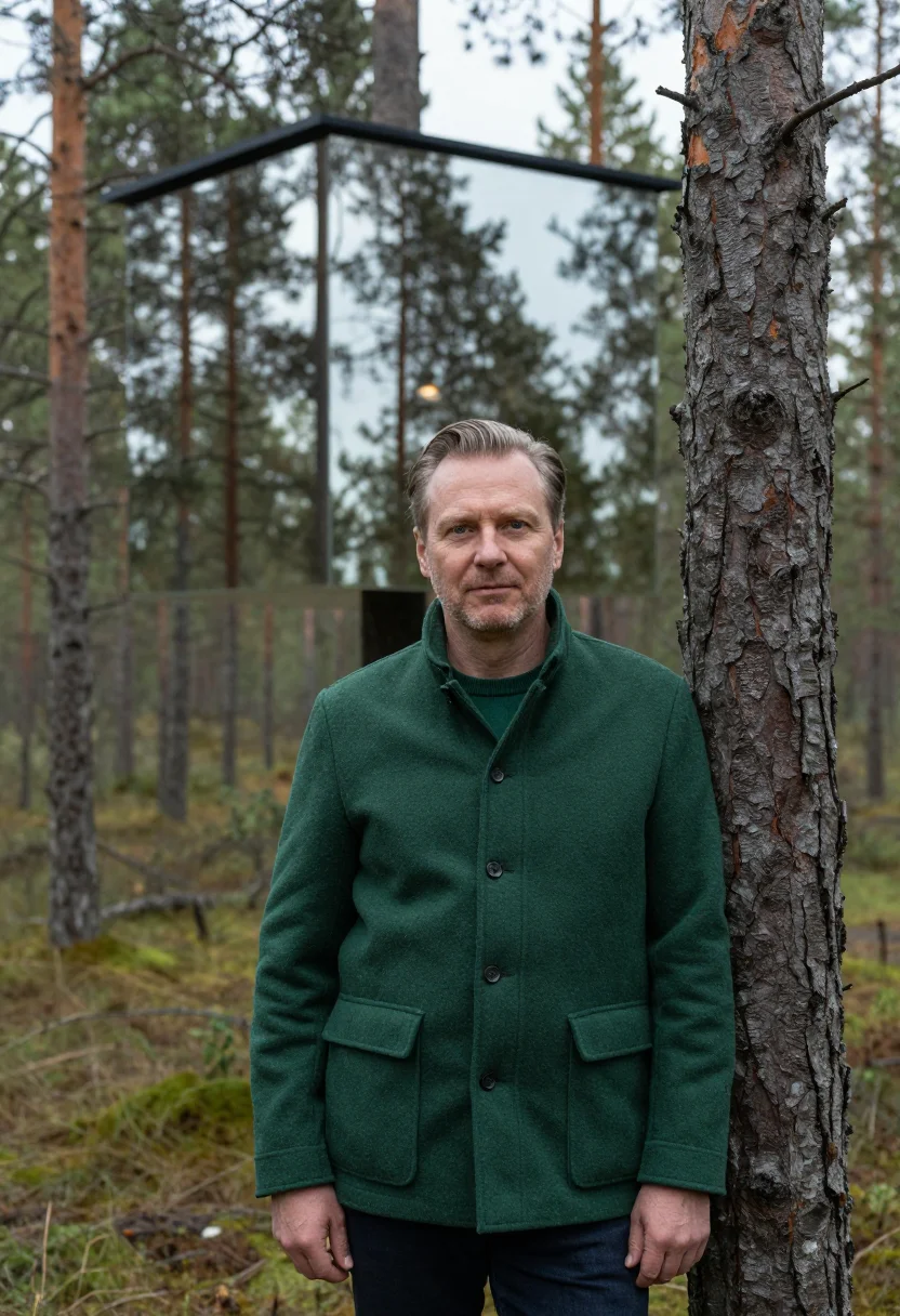 AI treehotel harads mirrorcube pine sample — portrait of a man, a hotel guest in his fifties of Dutch des