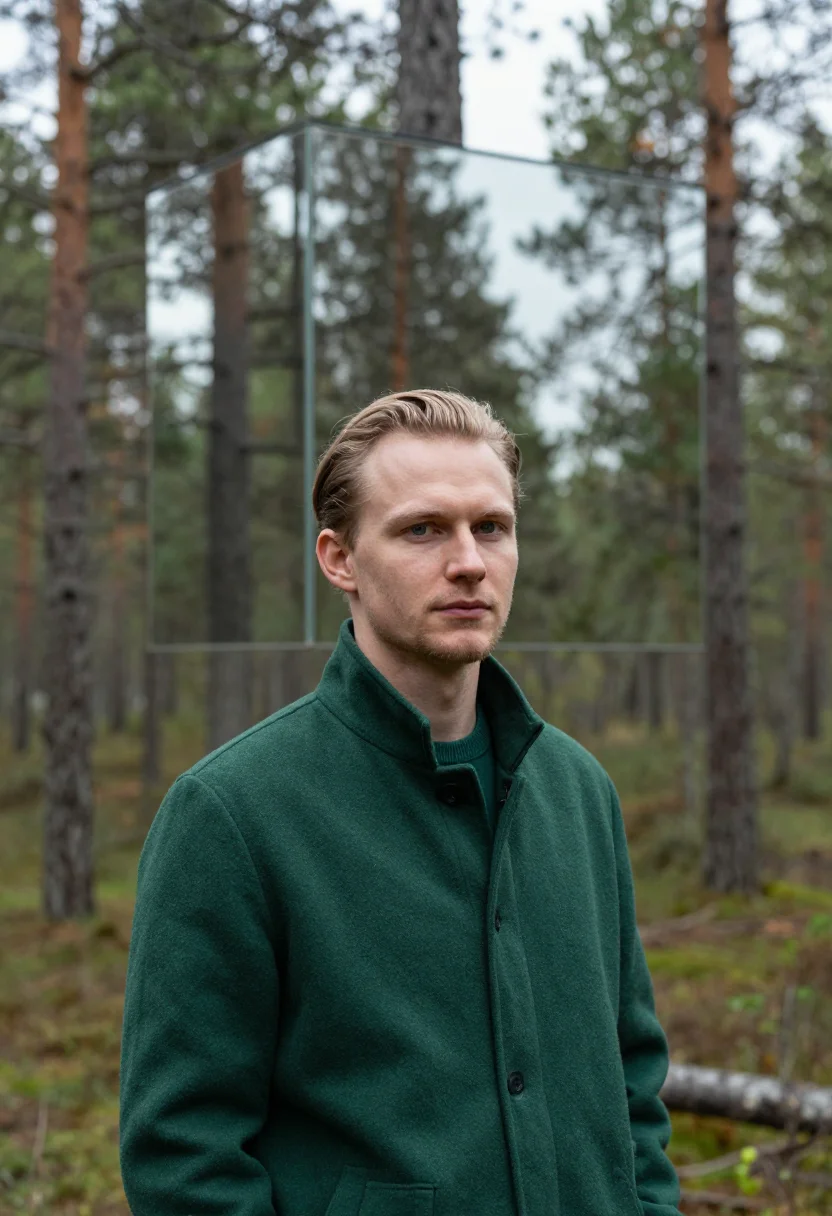 AI treehotel harads mirrorcube pine sample — portrait of a man, a hotel guest in his late twenties of Fin