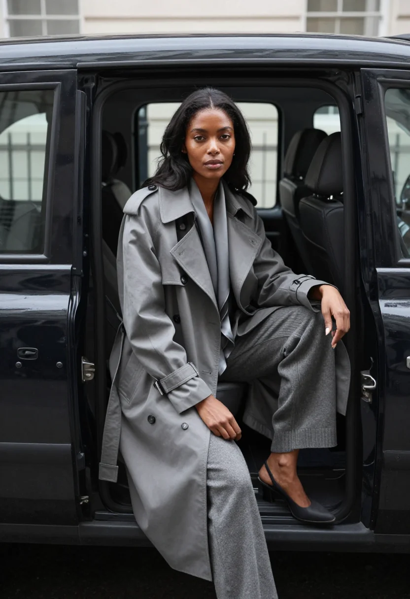 AI trench gabardine stone sample — portrait of a woman, a three-quarter-length frame, a woman i