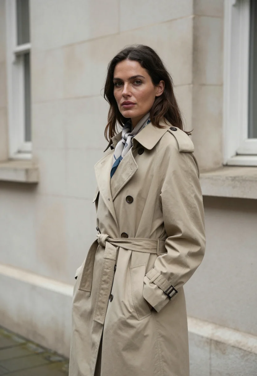 AI trench gabardine stone sample — portrait of a woman, a half-length frame, a woman in her ear
