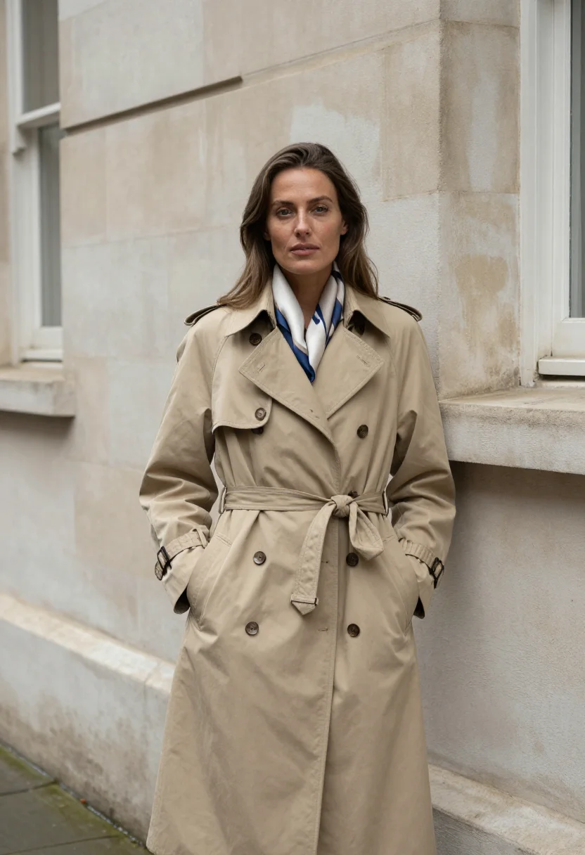 AI trench gabardine stone sample — portrait of a woman, a three-quarter-length frame, a woman i