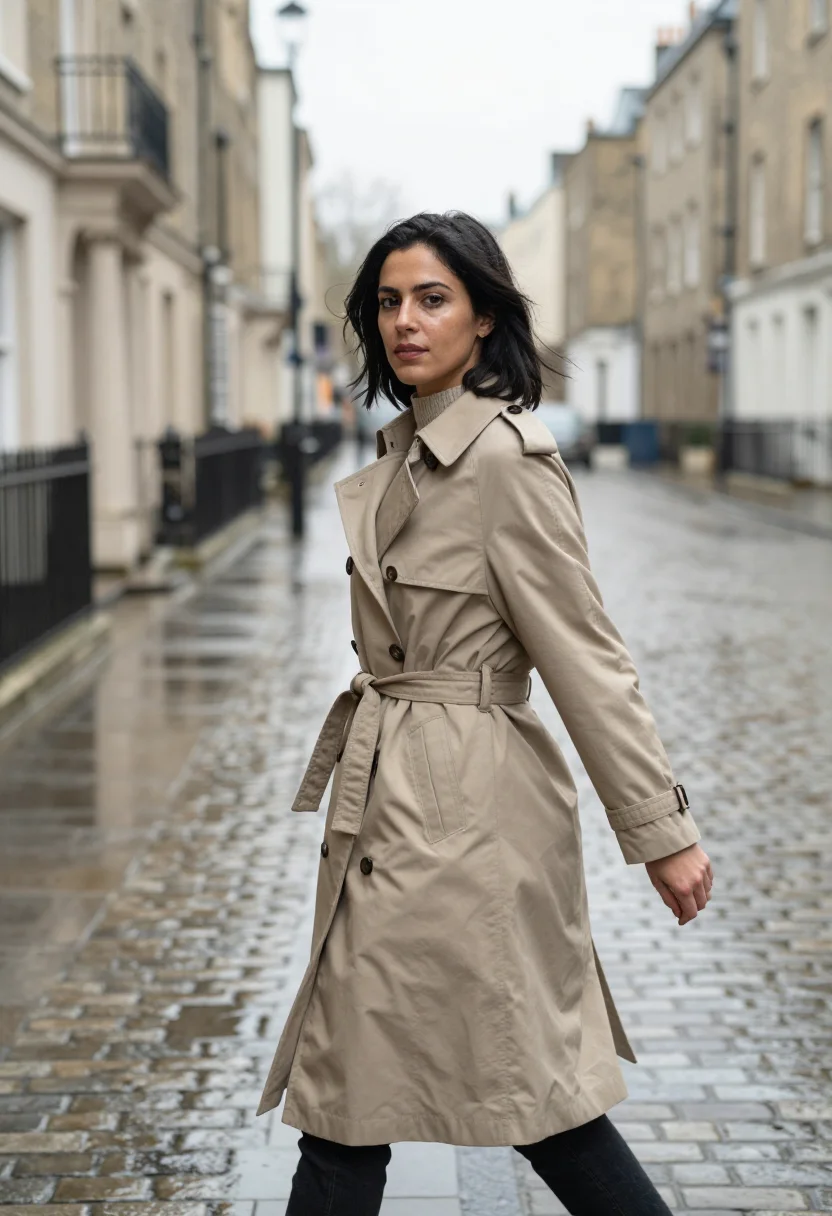 AI trench gabardine stone sample — portrait of a woman, a three-quarter-length frame, a Mediter