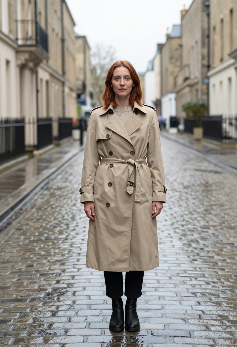 AI trench gabardine stone sample — portrait of a woman, a full-length frame, a woman in her ear