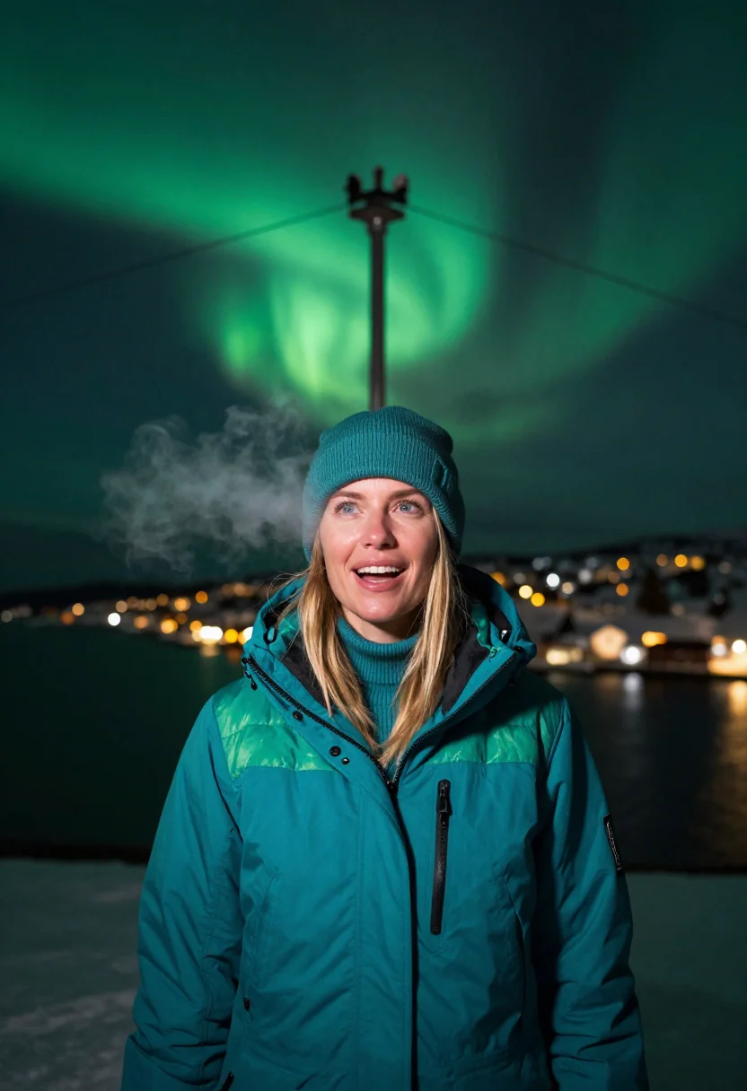AI tromso aurora teal sample — portrait of a woman, chest-up portrait of a Nordic woman in