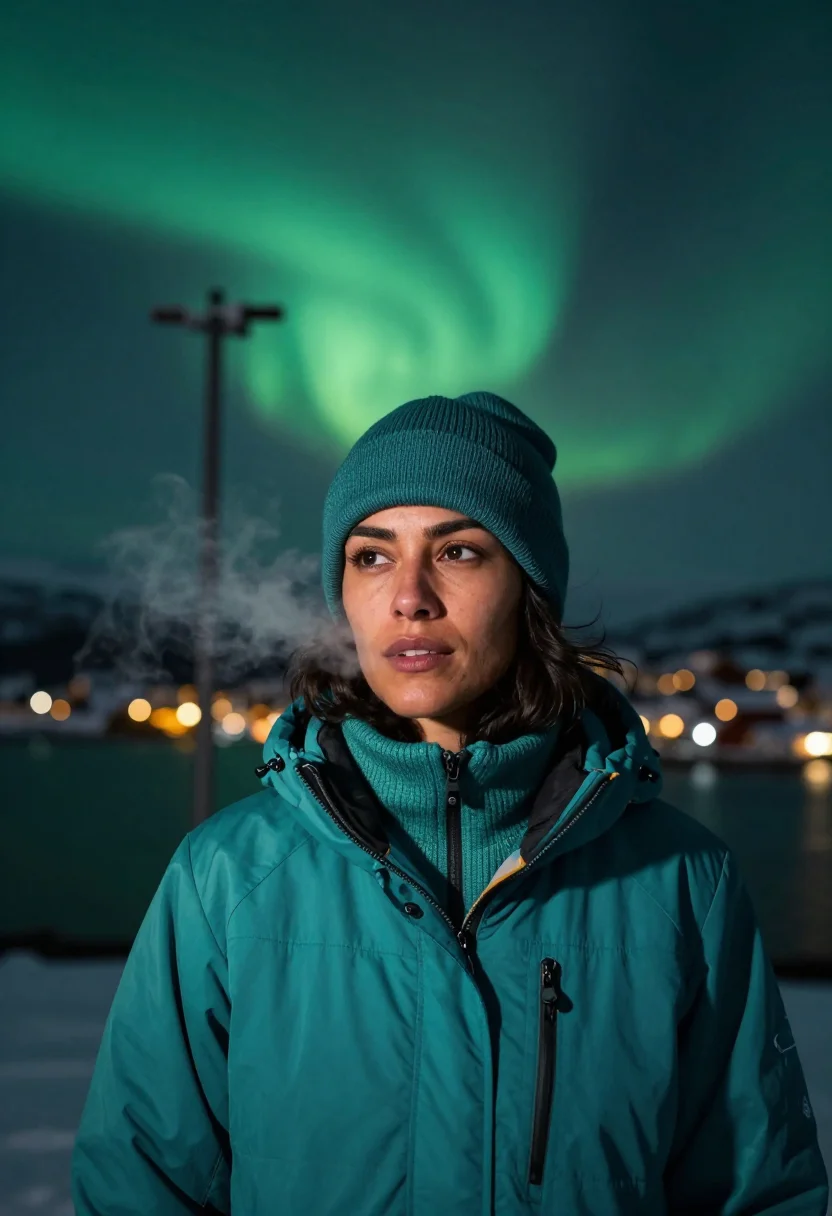 AI tromso aurora teal sample — portrait of a woman, tight head-and-shoulders portrait of a