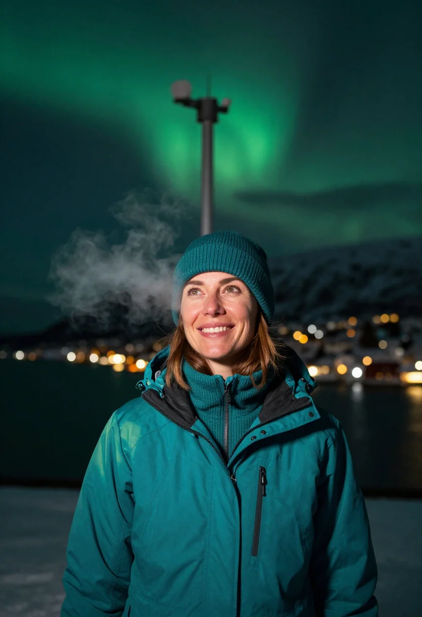 AI tromso aurora teal sample — portrait of a woman, head-and-shoulders portrait of a Wester