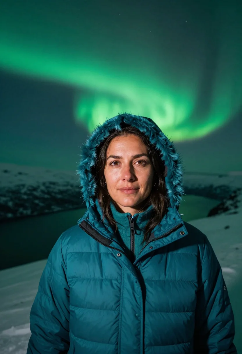 AI tromso aurora teal sample — portrait of a woman, head-and-shoulders portrait of a Wester