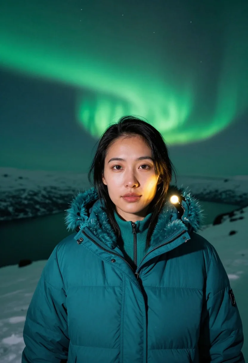 AI tromso aurora teal sample — portrait of a woman, tight head-and-shoulders portrait of an