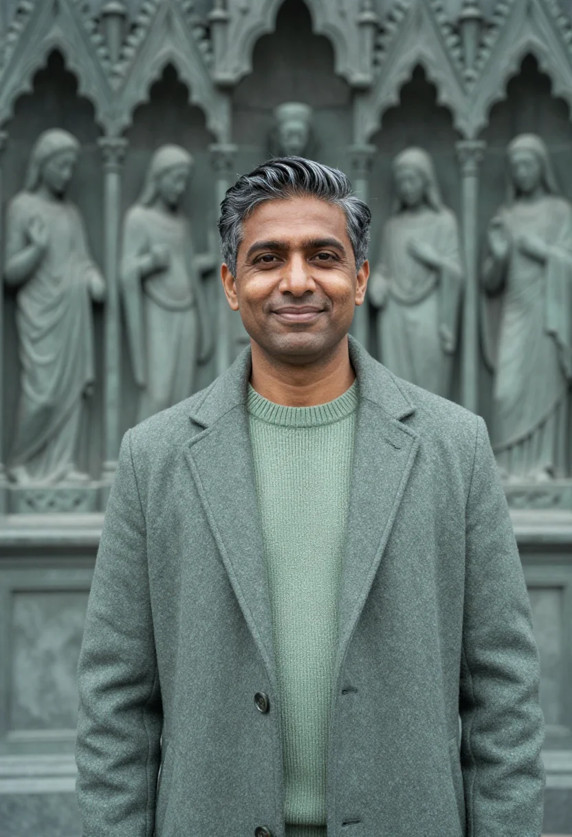 AI trondheim professor nidaros soapstone sample — portrait of a man, a professor in his forties of Indian desc