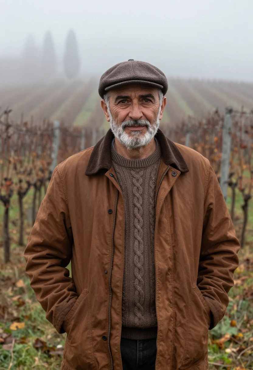 AI truffle hunter alba umber sample — portrait of a man, framed half-length from the hips up, the