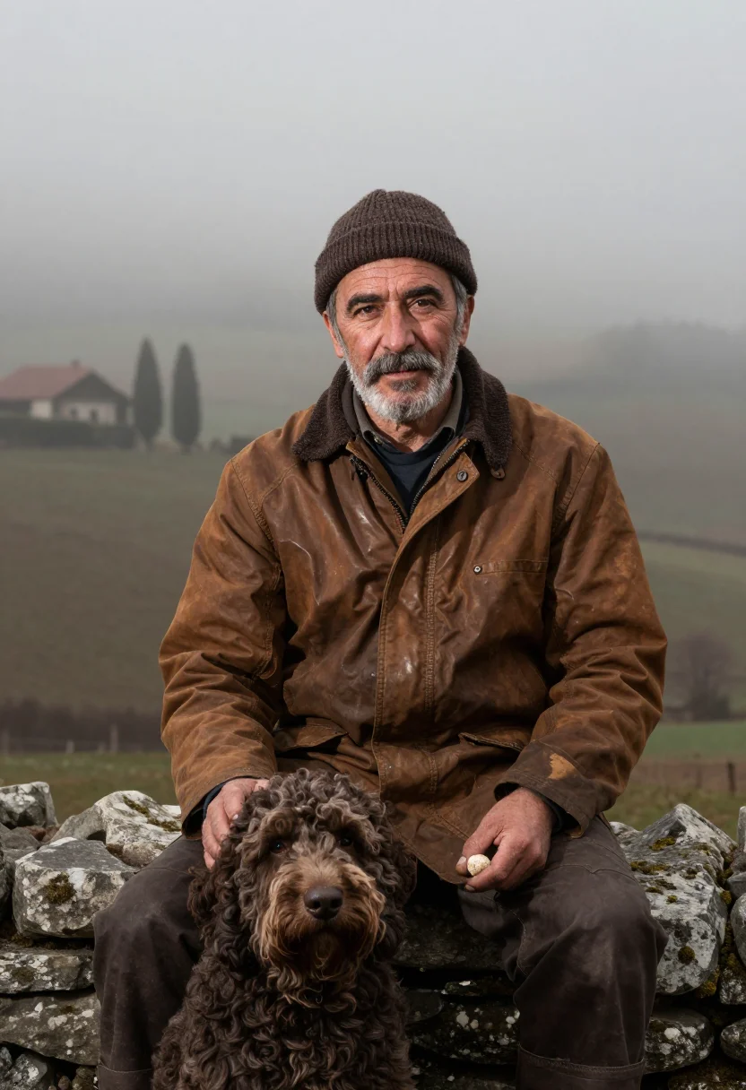AI truffle hunter alba umber sample — portrait of a man, framed chest-up from the ribs, the body c