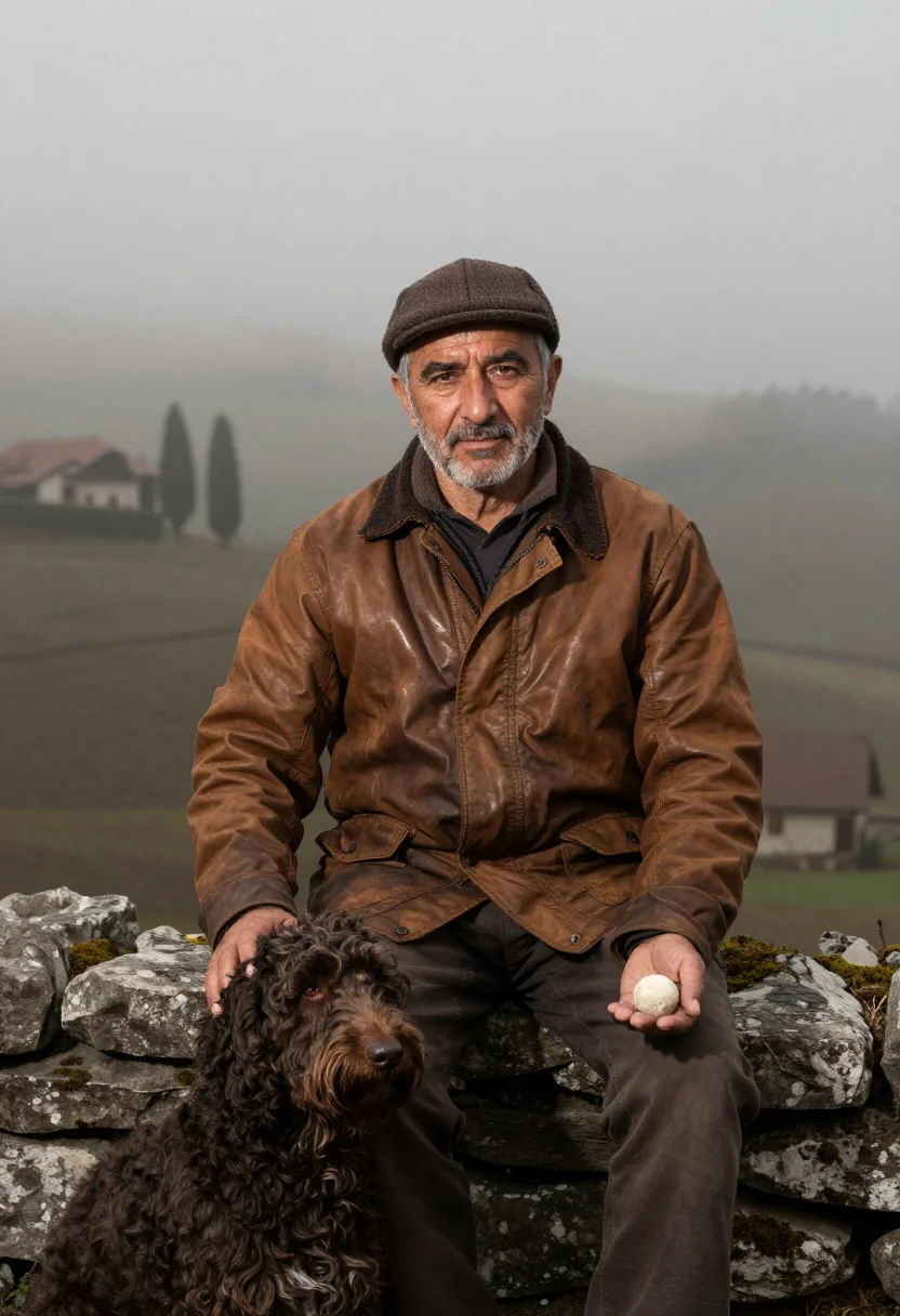 AI truffle hunter alba umber sample — portrait of a man, framed half-length from the lap up, the c