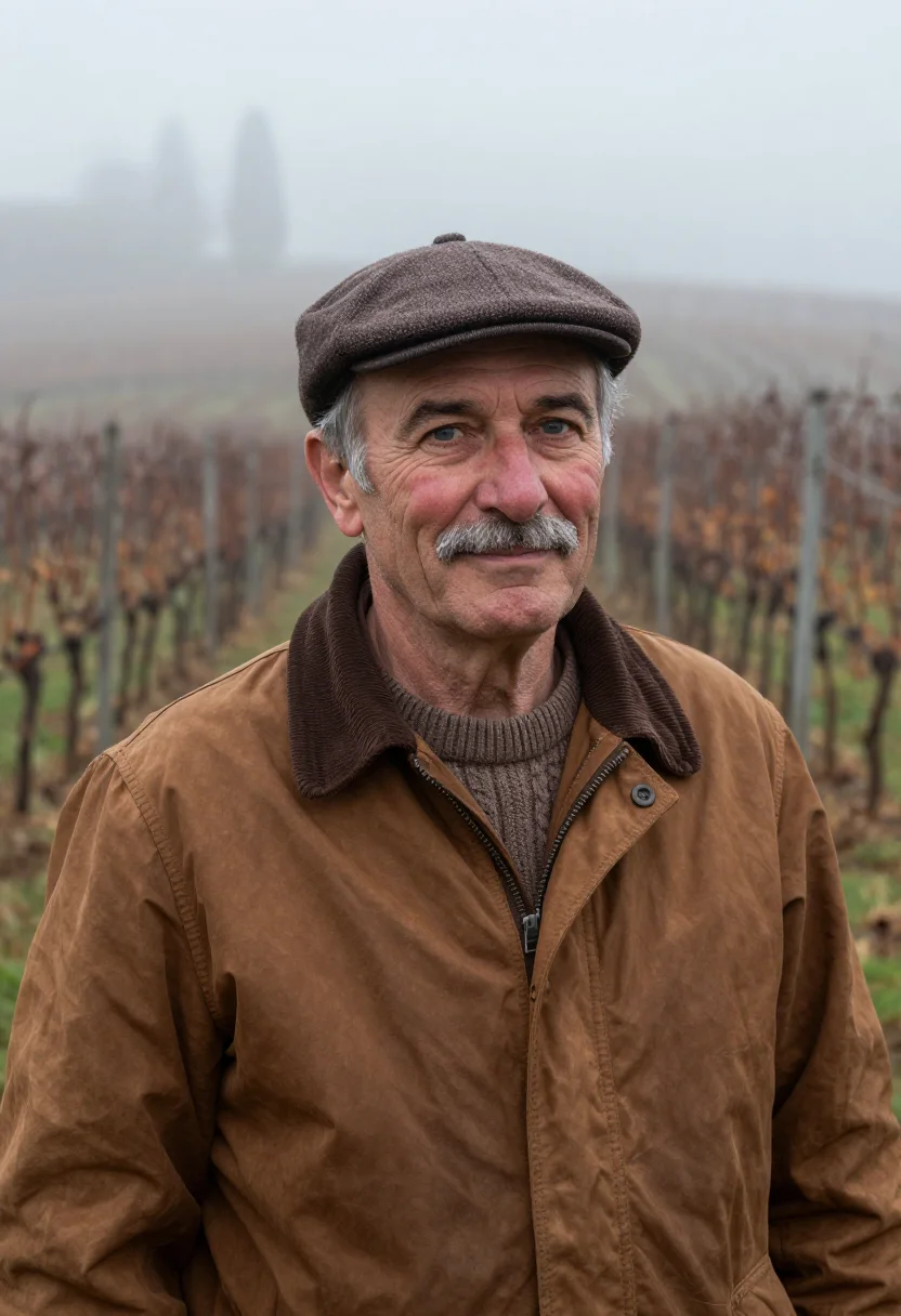 AI truffle hunter alba umber sample — portrait of a man, framed chest-up from the ribs, the body c