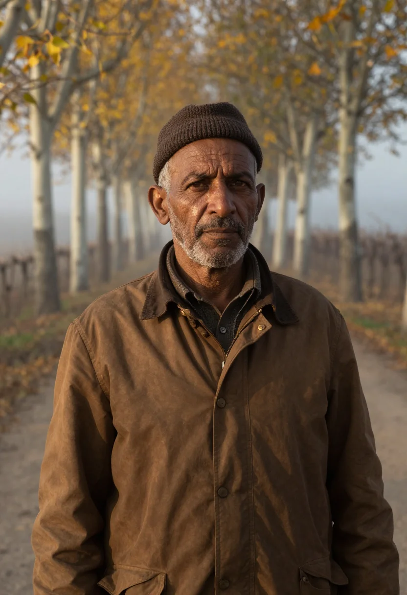 AI truffle hunter alba umber sample — portrait of a man, framed chest-up from the ribs, the body c