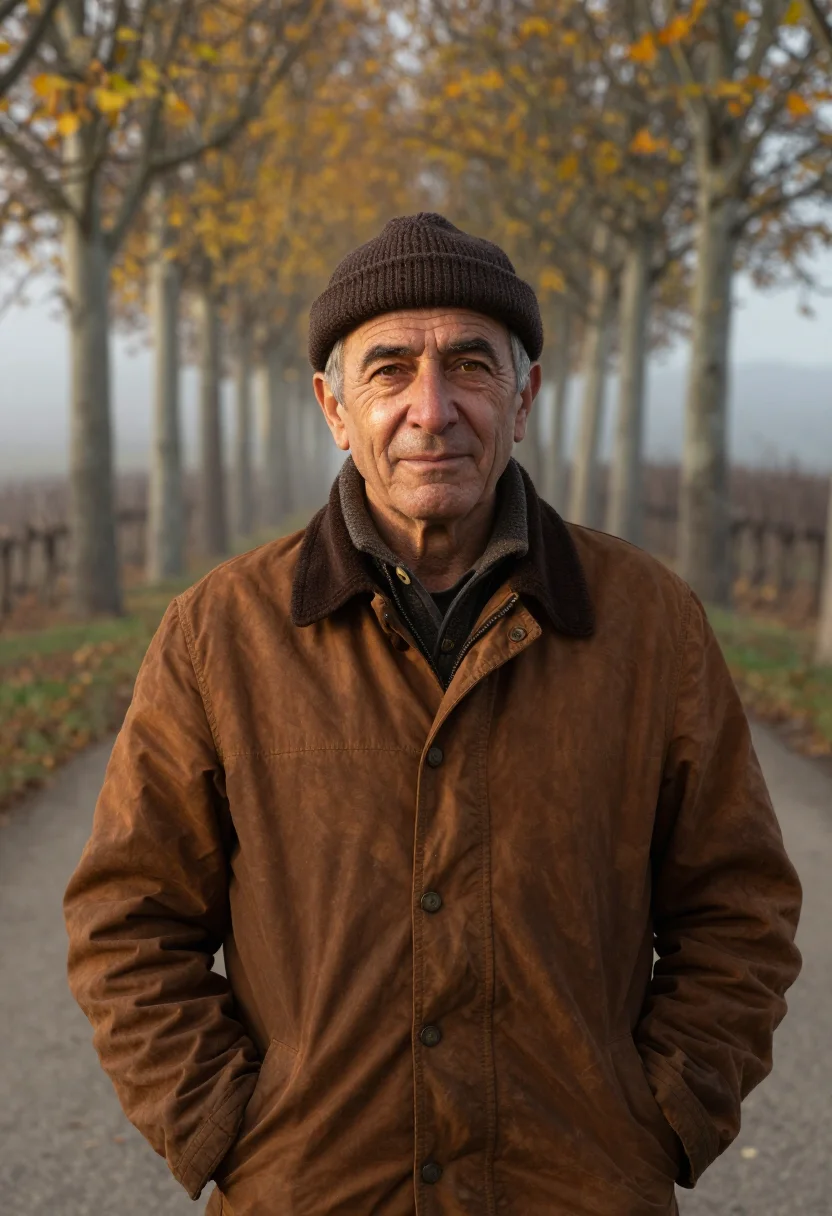 AI truffle hunter alba umber sample — portrait of a man, framed half-length from the hips up, the