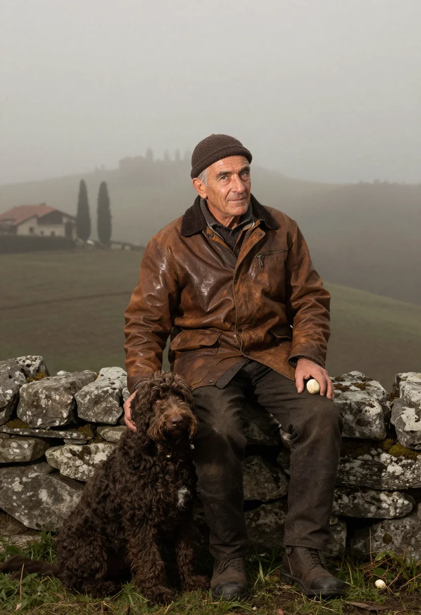 AI truffle hunter alba umber sample — portrait of a man, framed three-quarter length from the knee