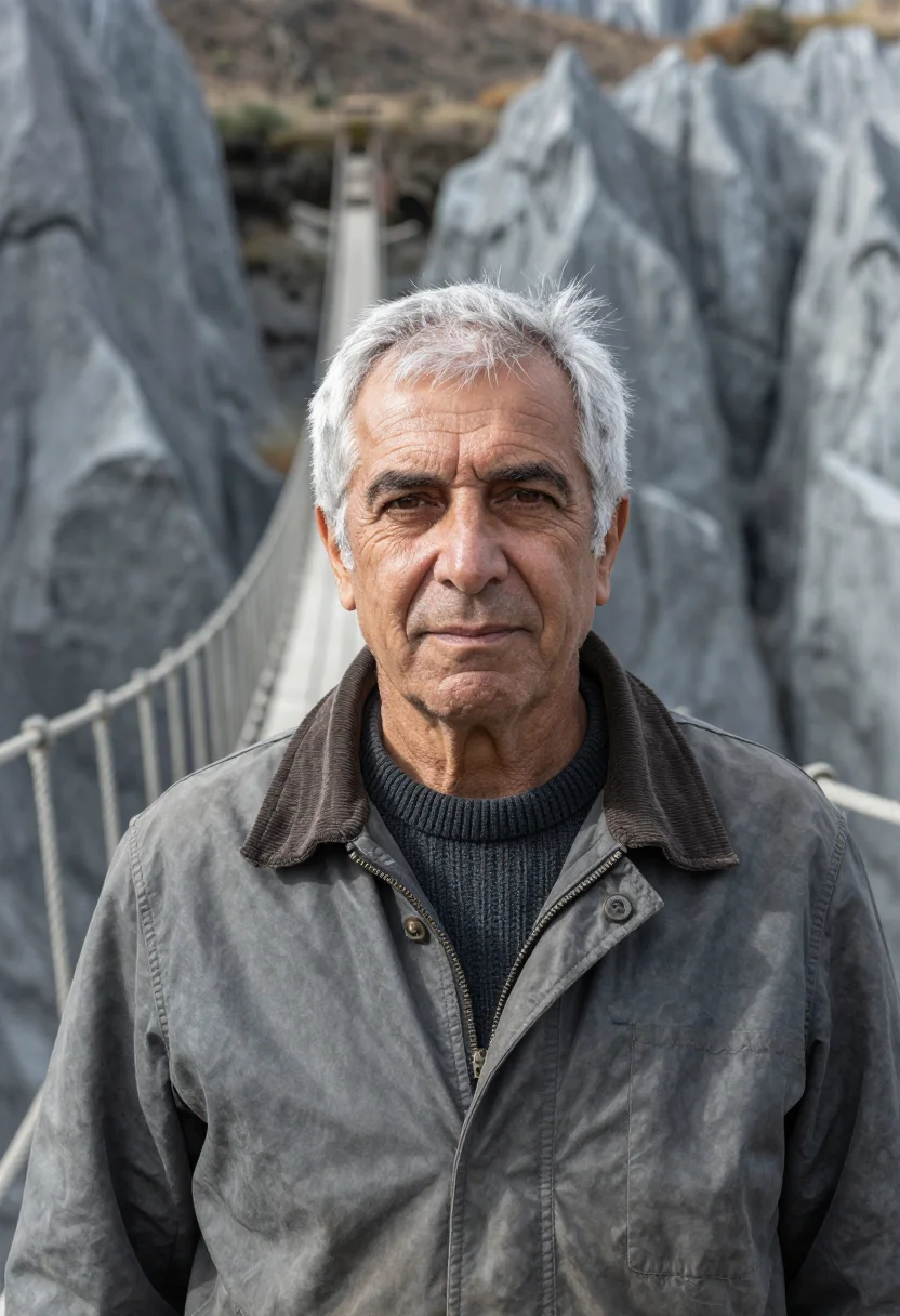 AI tsingy geologist limestone grey needle sample — portrait of a man, a geologist in his early sixties of Frenc