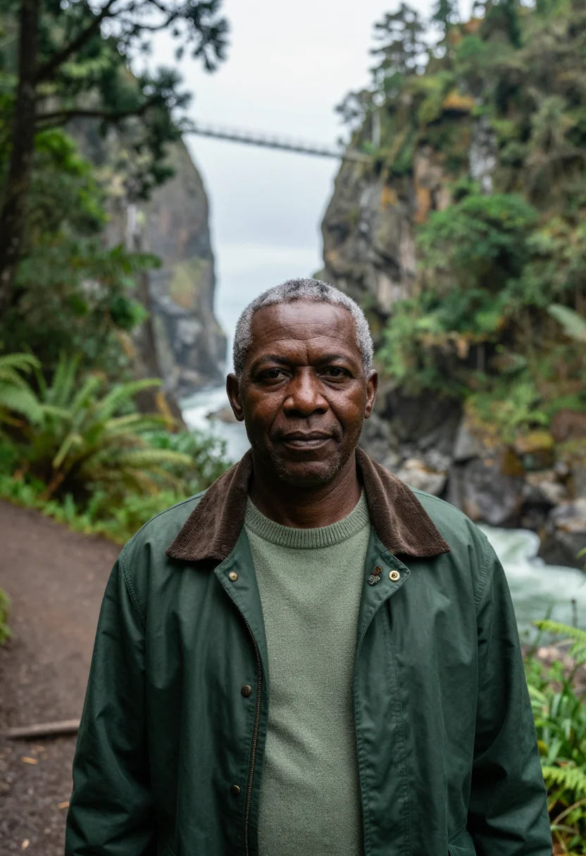AI tsitsikamma forest ecologist yellowwood green sample — portrait of a man, a Tswana ecologist in his early fifties w