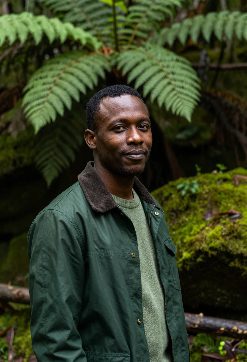 AI tsitsikamma forest ecologist yellowwood green sample — portrait of a man, a Xhosa ecologist in his mid-thirties wit