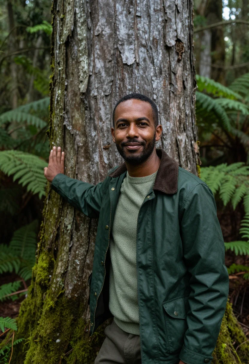 AI tsitsikamma forest ecologist yellowwood green sample — portrait of a man, a Cape Malay ecologist in his mid-forties